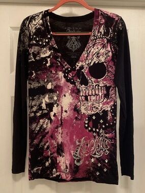 Archaic Affliction Women's Slim Fit Long Sleeve Biker Skull Black Pink